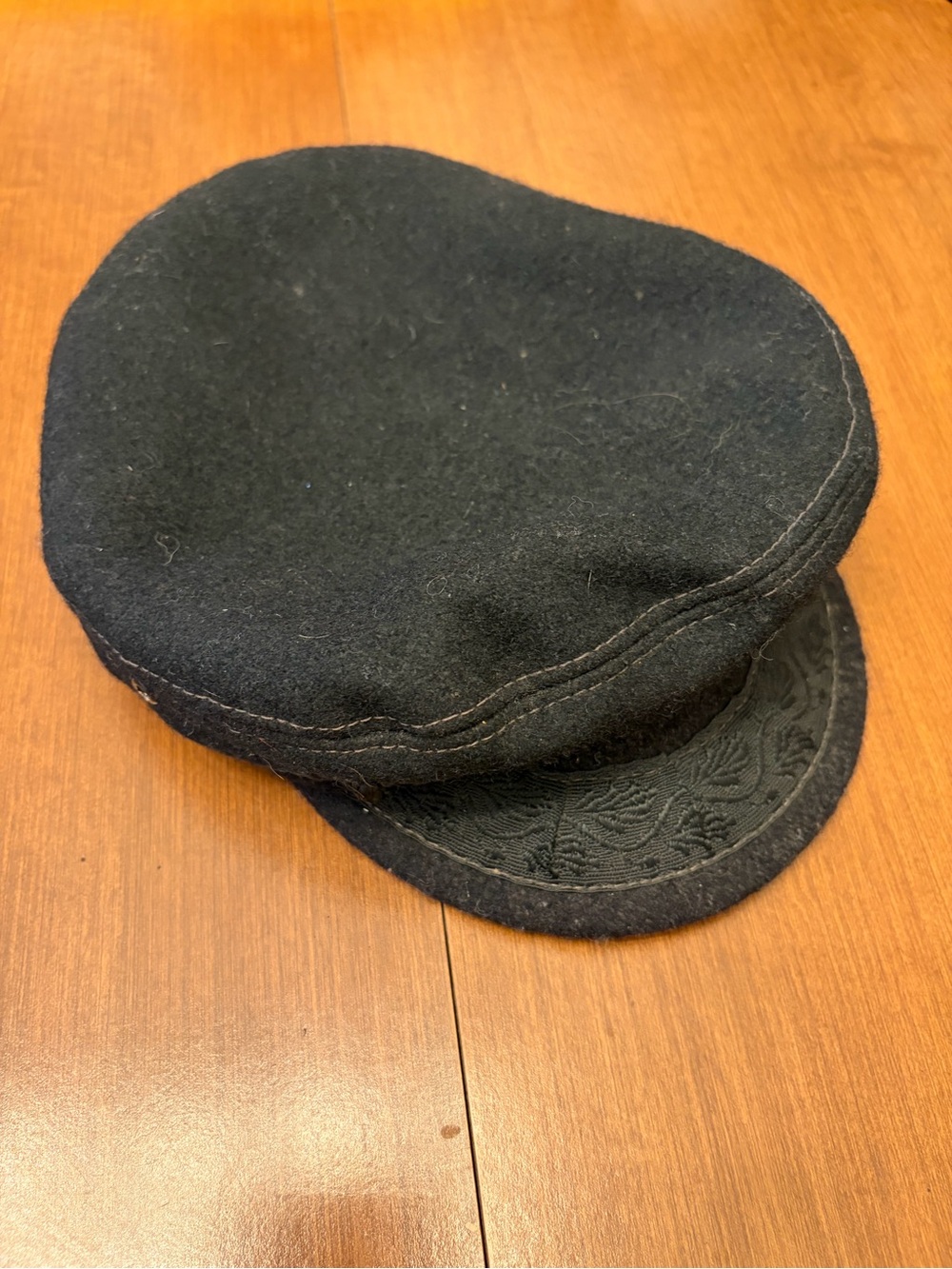 Vintage Black Wool Blend Fisherman Cap with Embroidered Accents